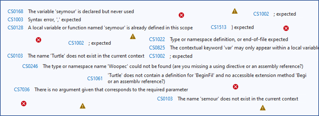 Image with Visual Studio compiler errors: CS1002 ; expected. CS1003 , expected. CS1022 Type or namespace definition, or end-of-file expected. CS7036 There is no argument given that corresponds to the required parameter. And more.