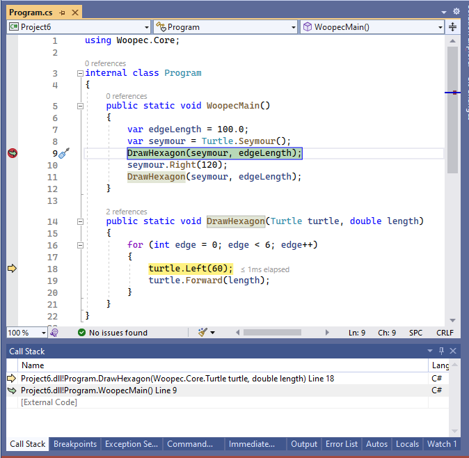Screenshot from Visual Studio Debugging. The yellow arrow points to a line of the DrawHexagon method. A green arrow points to the location from which DrawHexagon was called.