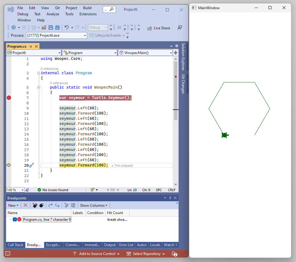Screenshot of the complete Windows screen. Left half contains a Window with a small green turtle in it. Right half contains Visual Studio in Debug mode.