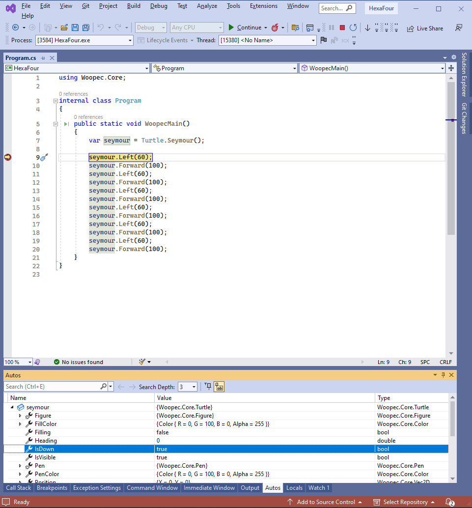 Screenshot ov Visual Studio in Debug mode. The upper half contains the editor window. The lower half contains multiple stacked windows, where the 'Auto' window is visible and shows the contents of a variable named 'seymour'