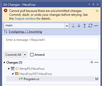 Screenshot of the 'Git Changes' window of Visual Studio. With an error message: Cannot pull because there are uncomitted changes