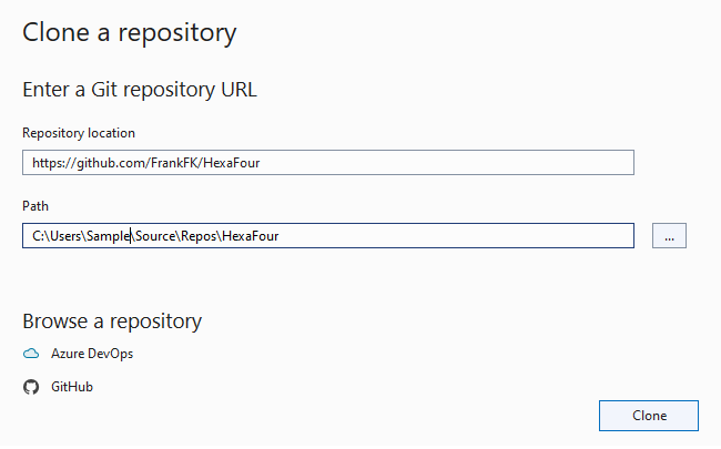 Screenshot of the 'Clone a repository' window of Visual Studio.