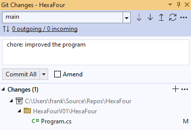 Screenshot of the 'Git Changes' window of Visual Studio, with a commit message