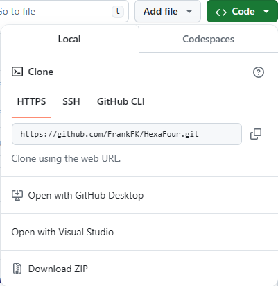 Screenshot of the 'Code' menu from GitHub, with an option to open with Visual Studio