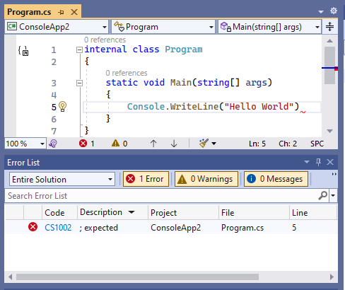 Screenshot of Visual Studio with Error List, squiggled error and Quick Actions