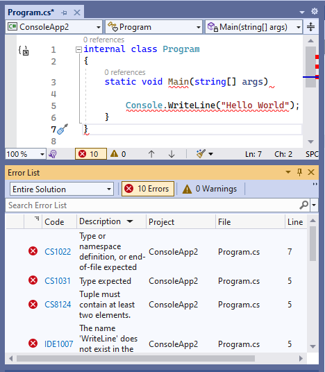 Screenshot of Visual Studio with code missing an opening brace. Error List shows many errors.