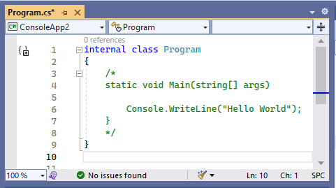 Screenshot of Visusal Studio with code commented out. A way to find the cause of a compiler error.