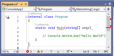Screenshot of Visusal Studio with less code commented out. A way to find the narrow down the compiler error.
