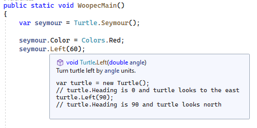 IntelliSense displays the comment for the Turtle method "Left 