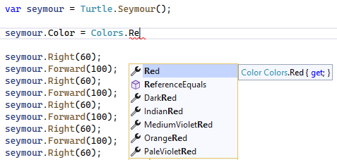 Visual Studio IntelliSense displays a list of all colors in which the word "red" appears.
