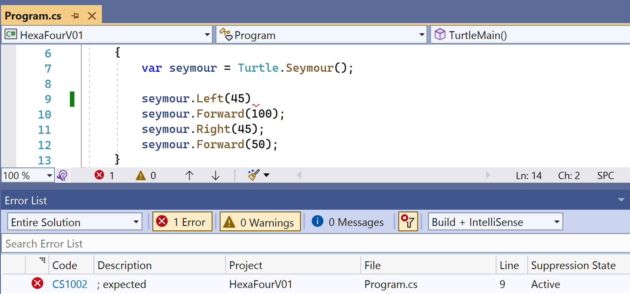 Screenshot where you can see how Visual Studio displays a compile error.