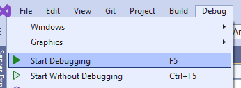 Screenshot showing where you can find the debug commands in the Visual Studio menu