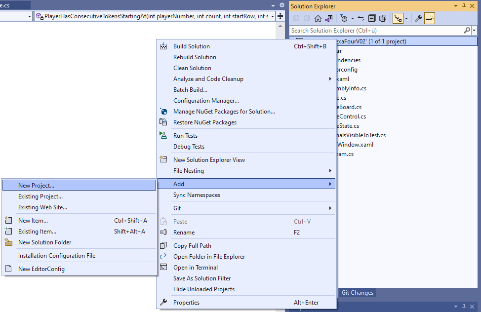 Menu and sub menu for adding a new project to Visual Studio