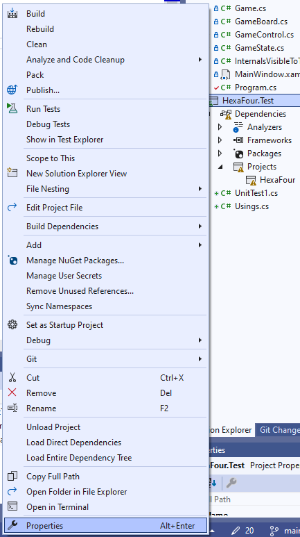 Visual Studio menu item to change the properties of a project