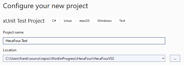 Menu for configuration of a test project in Visual Studio