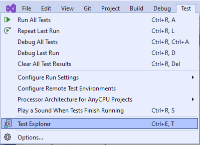 Visual Studio menu item for opening the test exolorer