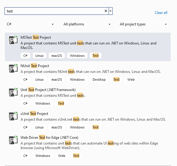 List of test projects in Visual Studio