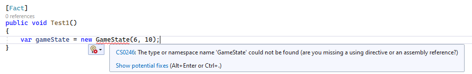 Error message CS0246 because of missing dependency between test project and project to test